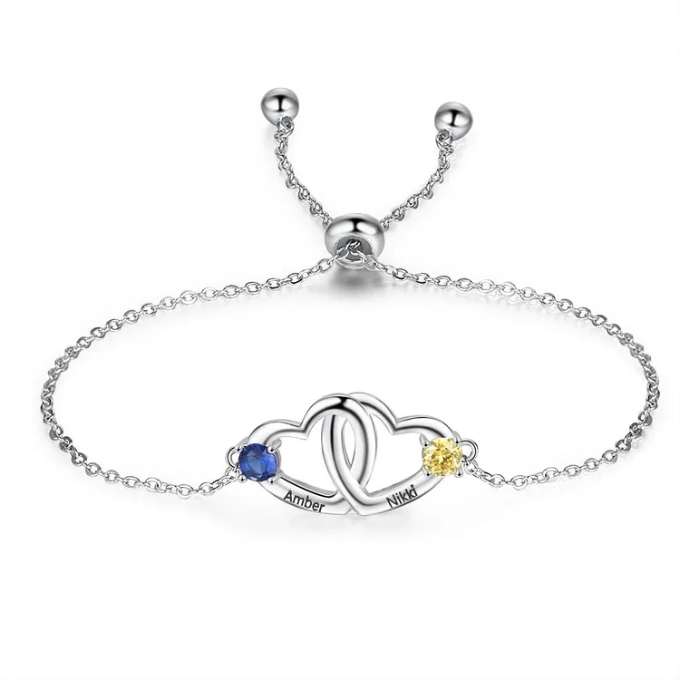 Interlocking Heart Bracelet Personalized with 2 Birthstones Engraved 2 Names