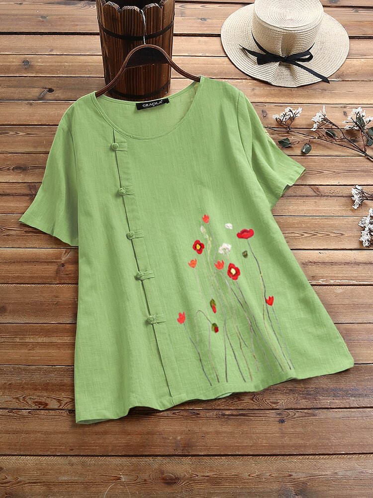 Flower Embroidered Frog Button Short Sleeve T shirt For Women P1668606