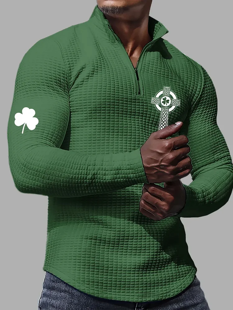 Men's Cross Clover Print St Patrick's Day Zip Up Stand Collar Sweatshirt