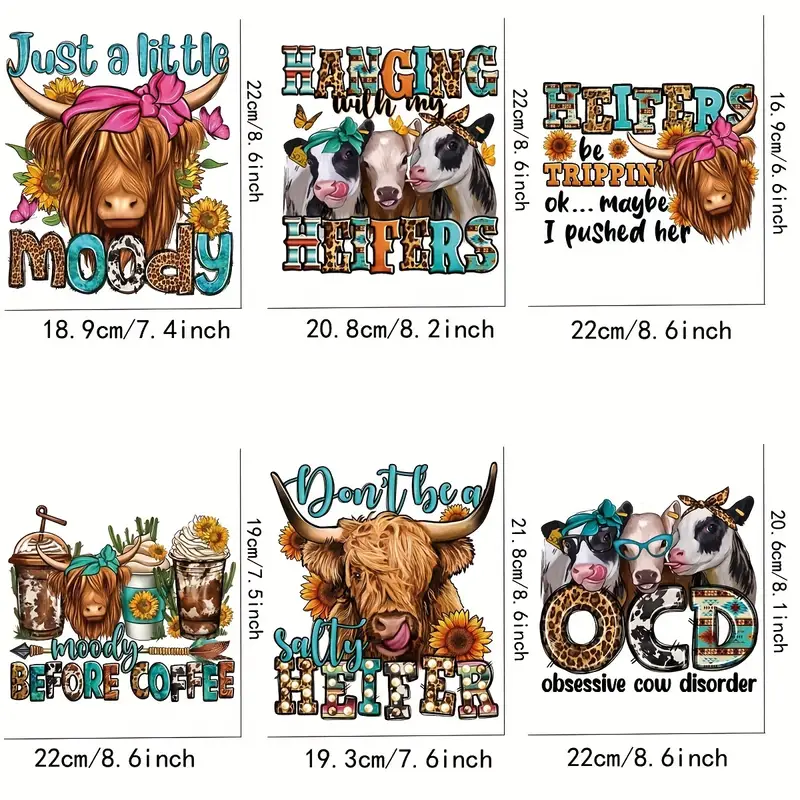 6pcs/set Newest Cute Cow Style DIY Iron On Transfer Stickers For T-shirts Washable Screen Printing Transfer Vinyl Sticker For Clothing-Guru-buzz