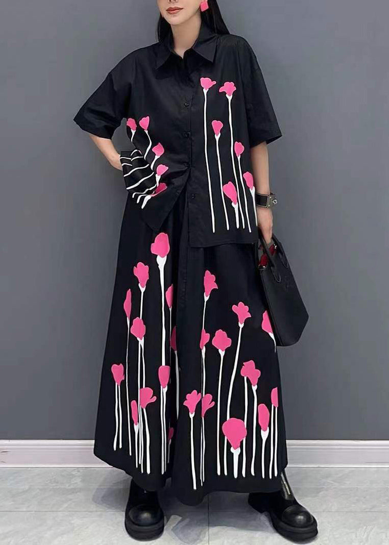 Hollowed Shirt & Printed Skirt 2Pcs