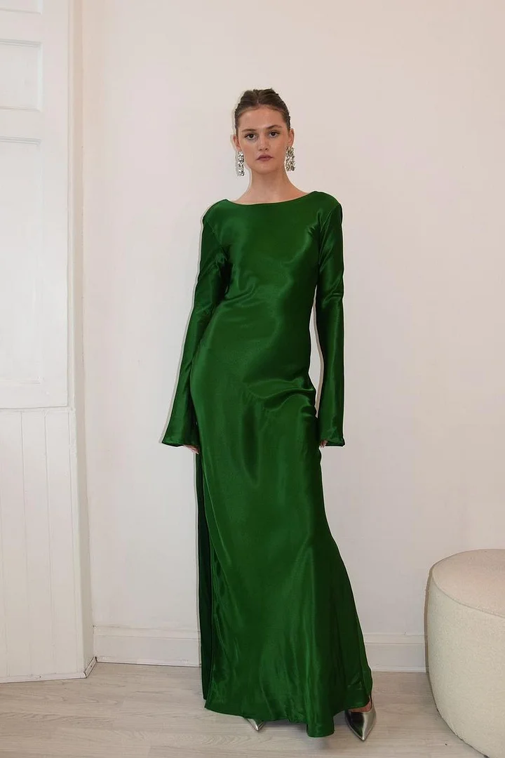 Lvs&Broner Dark Green Long Sleeves Split Long Prom Dress With Backless