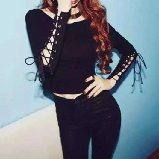 Black Gothic Laced Sleeve Shirt SP1811953