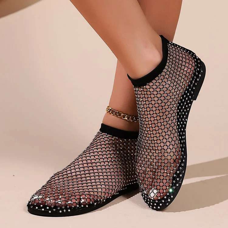 Mesh Flat Leather Hollow Out Rhinestone Sandals