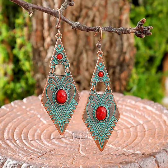 Retro Bohemian Turquoise Earrings Simple and Versatile Geometric Rhombus Metal Texture Earrings