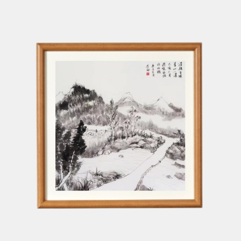 Traditional Chinese Painting Hand-painted with Wooden Frame Mountain River Landscape Chinese Ink Painting Wall Decoration Painting