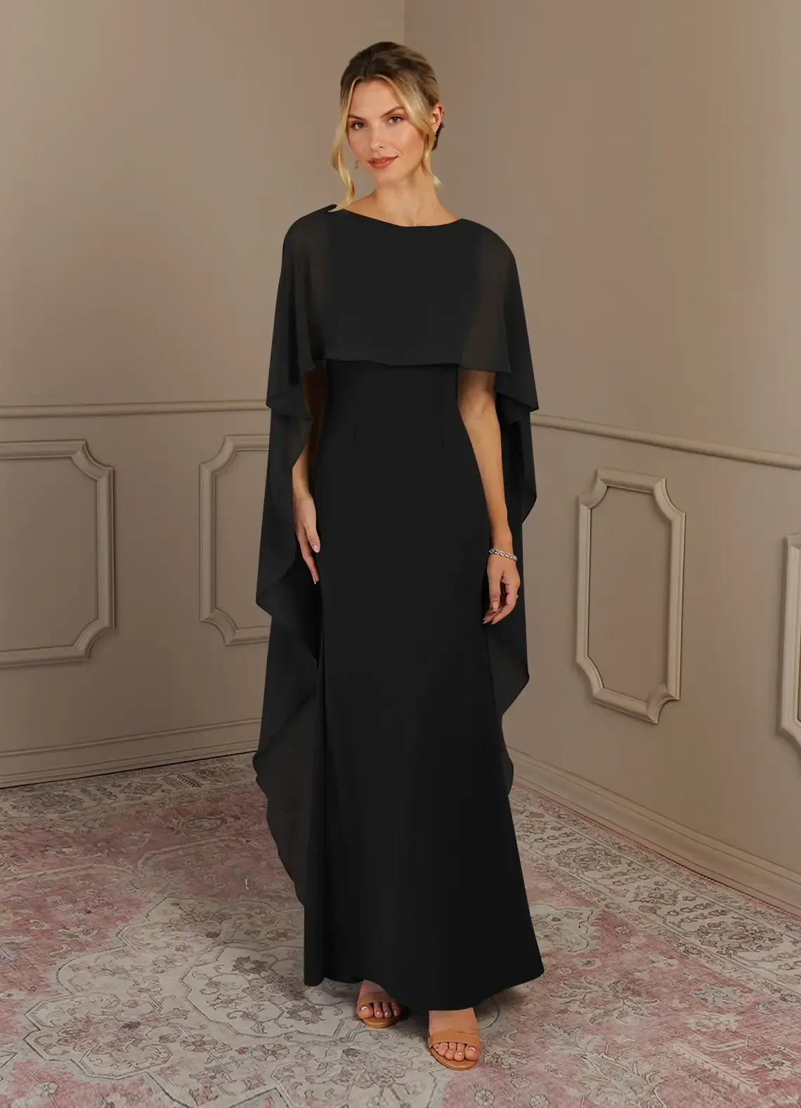 Lussooy Charming Black Scoop Neck Chiffon Mother of The Bride Dress with Shawl