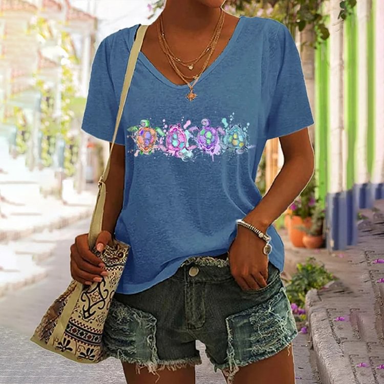 Comstylish Turtle Print V Neck Short Sleeve Casual T-Shirt