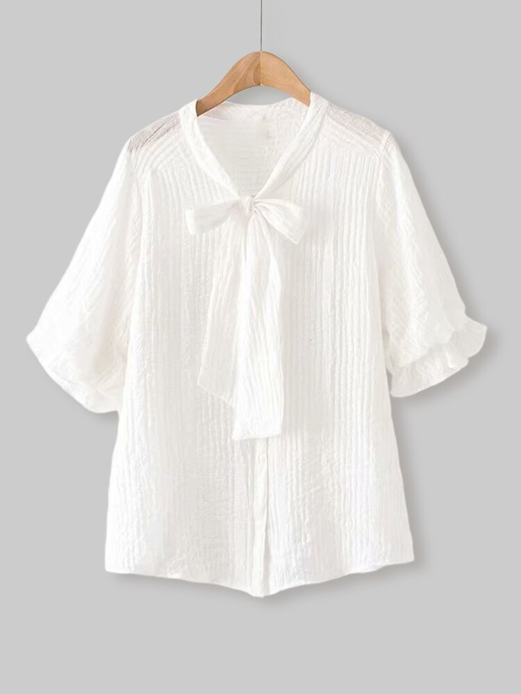 Solid Color Bowknot Button Layered Short Sleeve Blouse P1662628