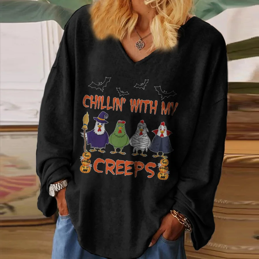 Chillin' With My Creeps Print V-neck Long Sleeve T-shirt
