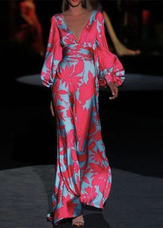 Rose Print V-Neck Long Sleeve Dress