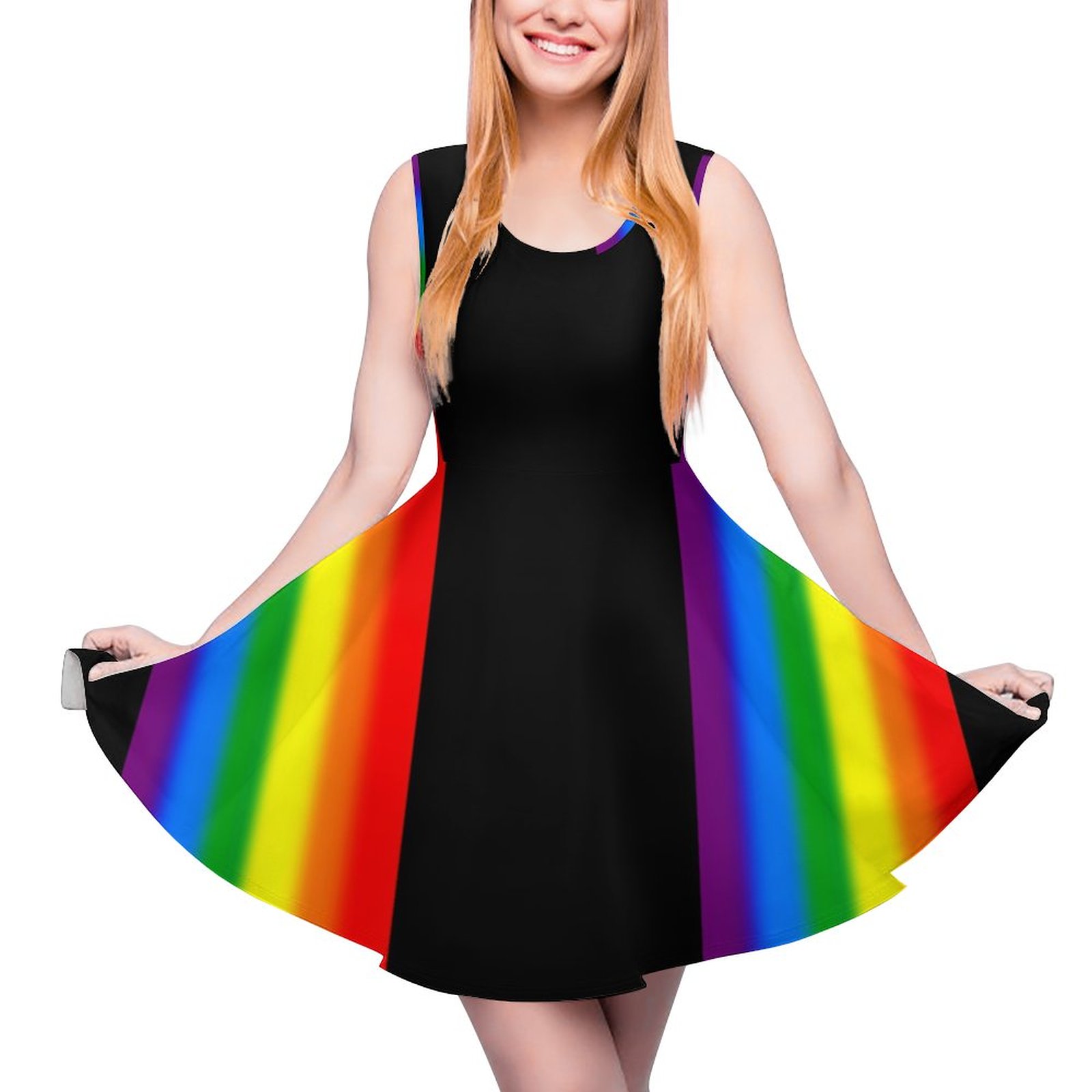 Pastel Rainbow Stripes Gay Pride LGBT Support Sleeveless Mini Skater Dresses Stripes-5XL