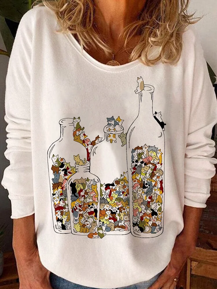 Crew Neck Fun Cat Print Casual Long Sleeve T-shirt socialshop