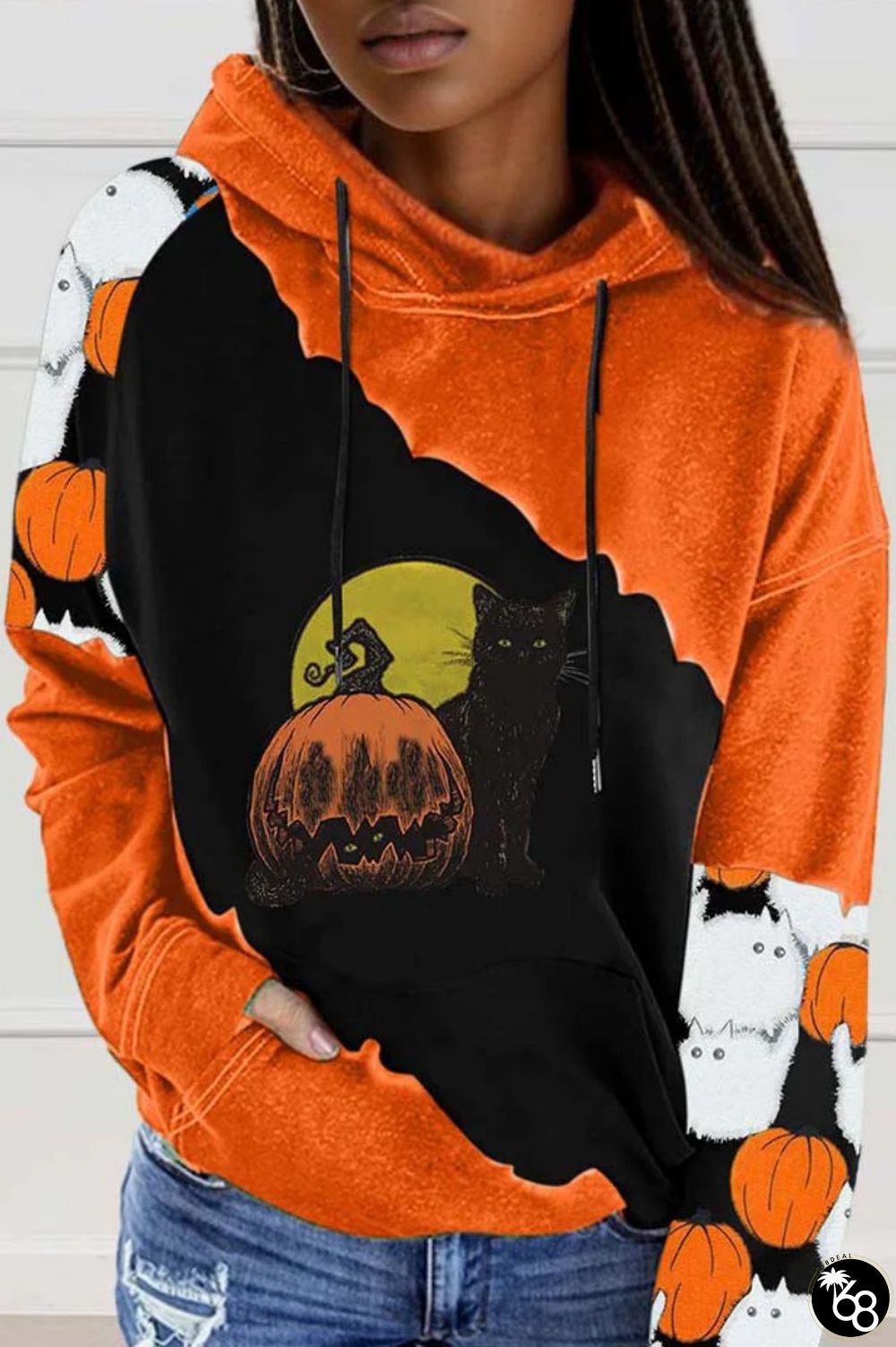 Orange Black Casual Print Basic Hooded Collar Tops | 168DEAL