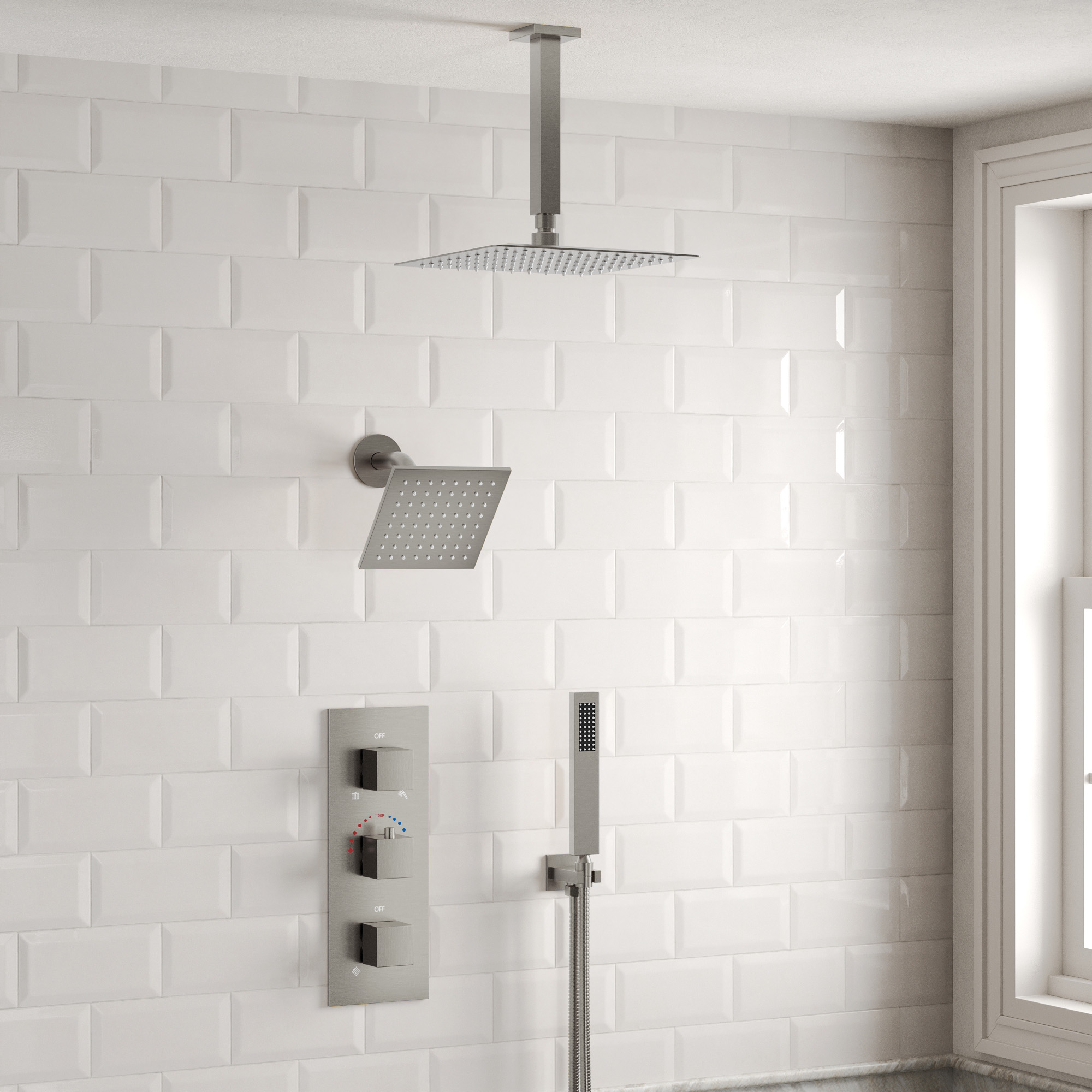 ZenithRain 5-Spray Square High Pressure with Dual Rainfall Showerheads Thermostatic Valve Included in Brushed Nickel