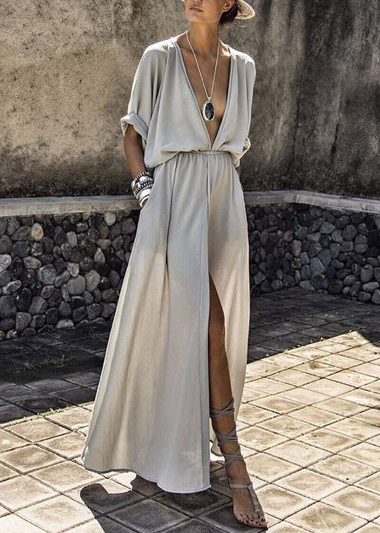 Deep V-neck Flowy Bohemian Party Maxi Dress - Chicaggo