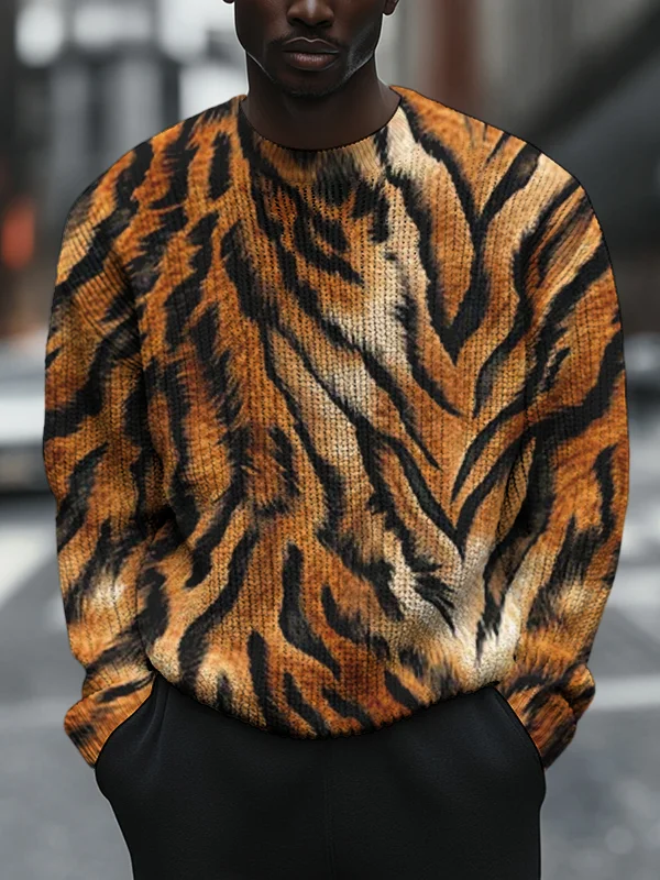 Men's Retro Tiger Pattern Print Knit Sweatshirt