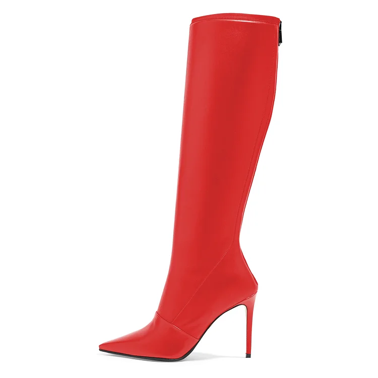 Red Pointy Toe Knee High Stiletto Heel Boots Vdcoo