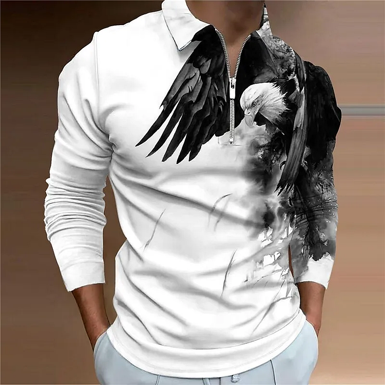 Men's Animal Graphic Prints Eagle Turndown 3D Print Long Sleeve Zipper Polo Shirt