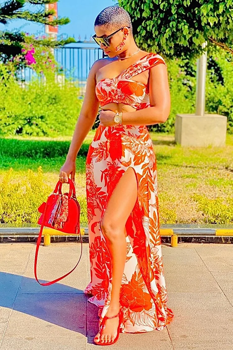 Tropical Print Strapless Crop Top Slit Flowy Vacation Maxi Skirt Matching Set