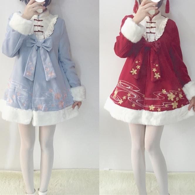 Red/Pink/Blue Kawaii Floral Bow Woolen Coat SP1711358