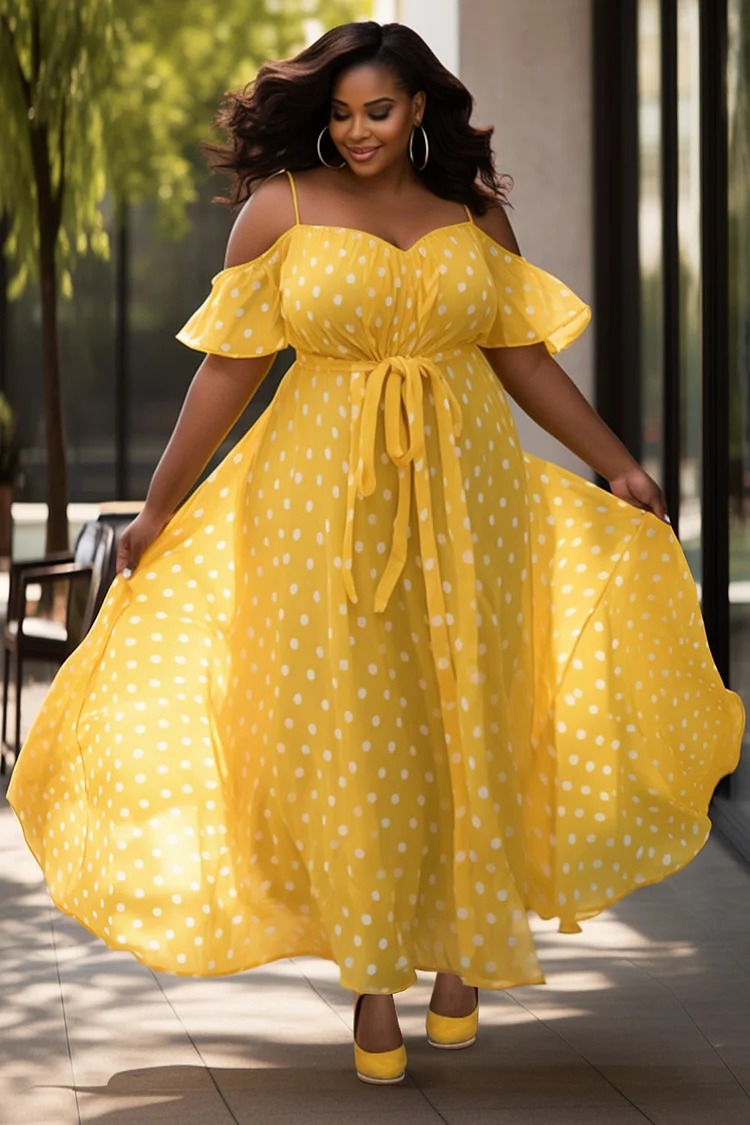Xpluswear Design Plus Size Sundress Vacation Yellow Polka Dot Cold Shoulder Short Sleeve Wrap Maxi Dresses [Pre-Order]