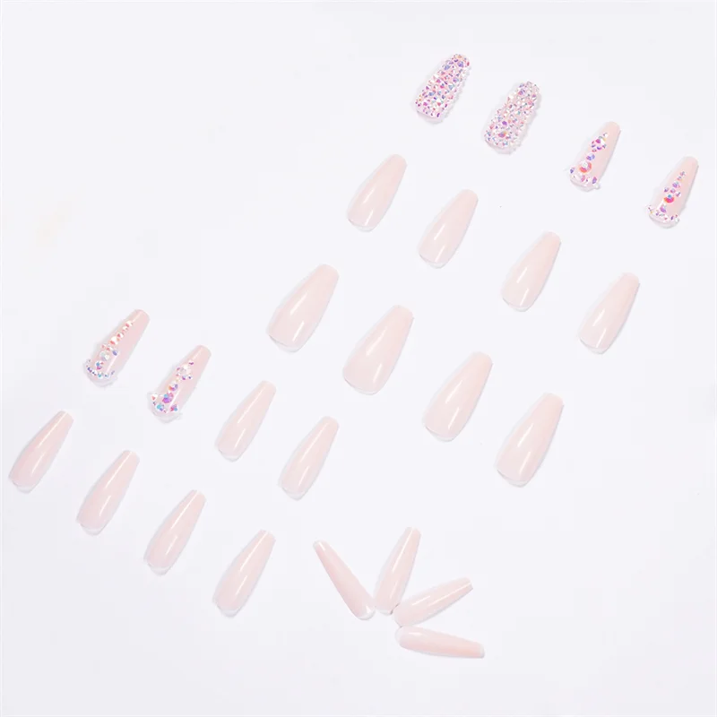 Churchf Nude Fake Nails Set Press On Faux Ongles With Rhinestone Designs