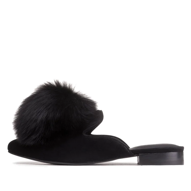 Women's Black Vegan Suede Faux Fur Mule Loafers for Women |FSJ Shoes