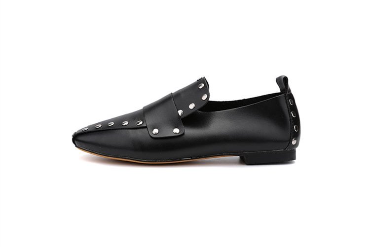 Black Vintage Shoes Square Toe Comfortable Studded Flats |FSJ Shoes