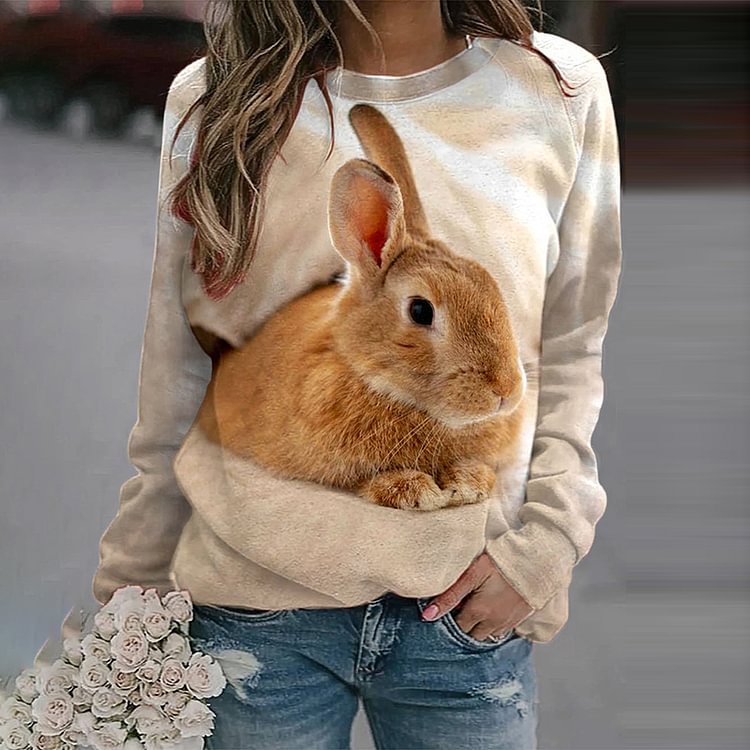 VChics Rabbit Print Casual Long Sleeve Sweatshirt