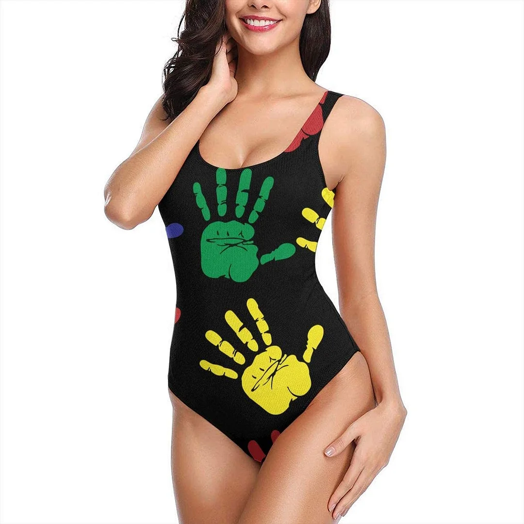 Womens One-Piece Swimsuit Colourful Handprints 3D Graphic Printed Sexy Beachwear