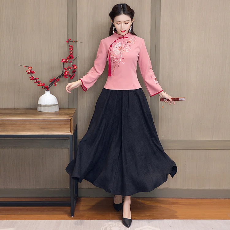 Retro Oriental Charm Pure Color Cheongsam Skirt Suit