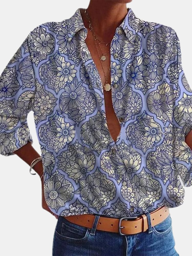 Fall Calico Printed Long Sleeve Lapel Collar Blouse For Women P1767456