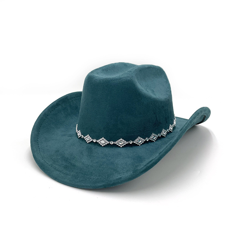 Suede Rhinestone-Embellished Rolled-Brim Cowboy Hat, Unisex Style