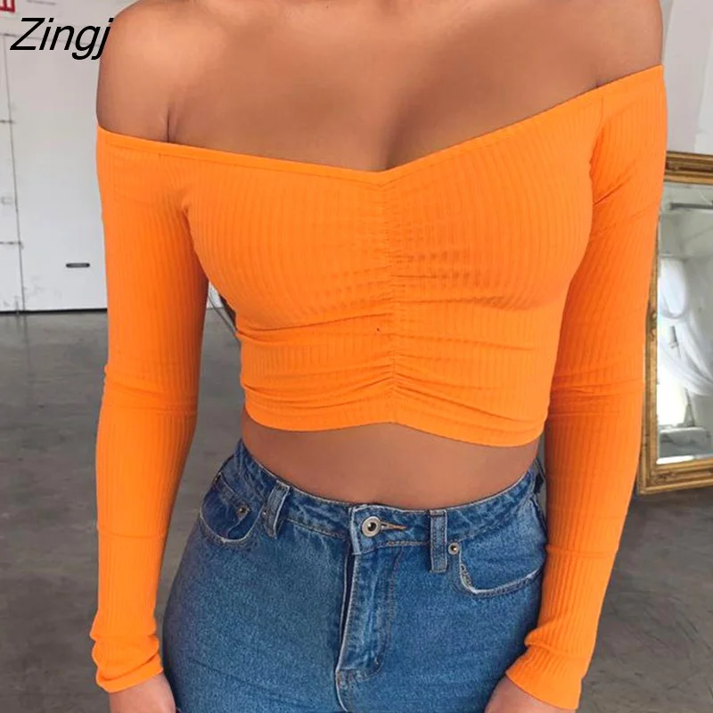 Zingj Women's Long Sleeve T-shirt Summer Fashion Casual Sexy Off Shoulder Solid Color Umbilical Exposure Sexy Tops