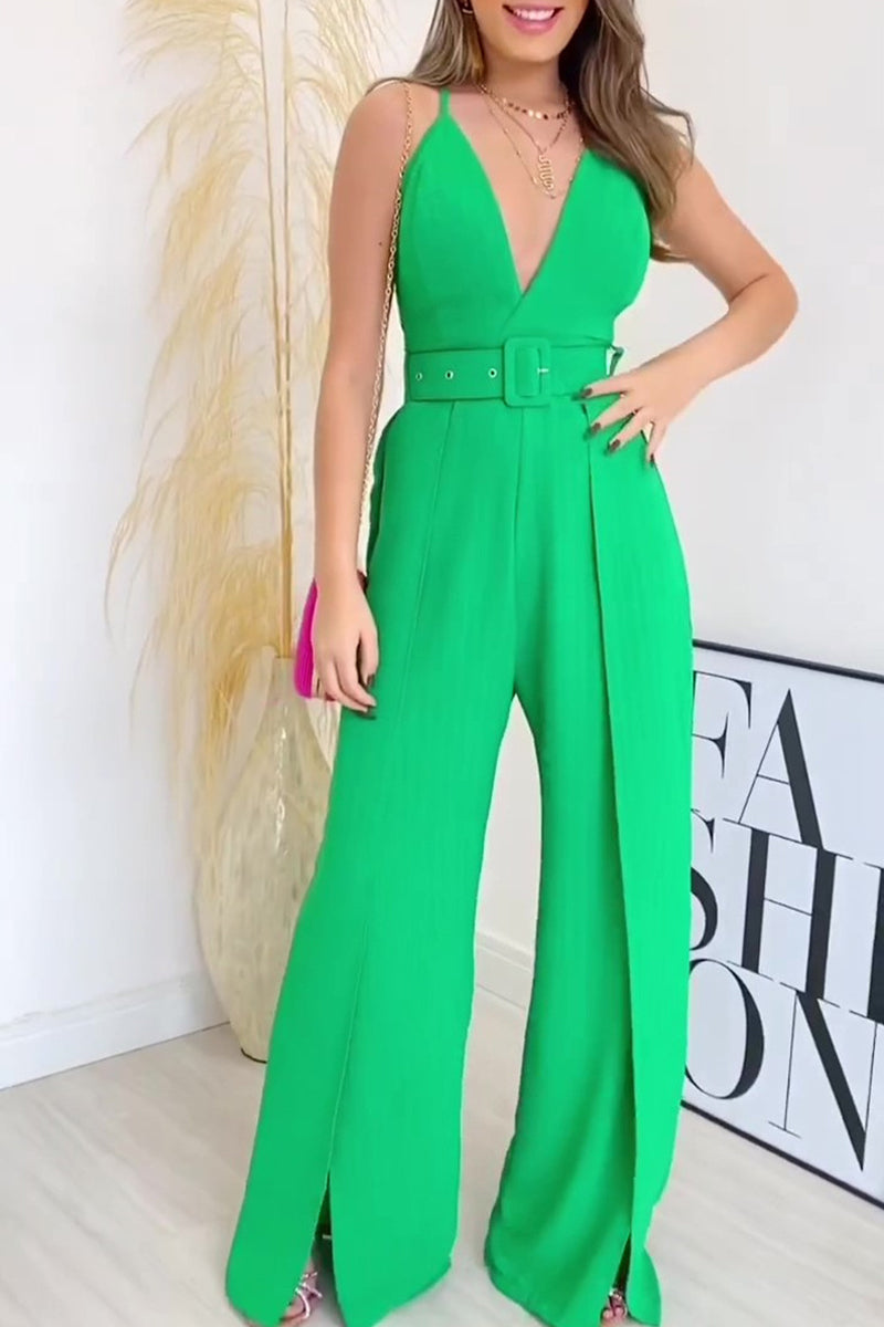 Sexy V-neck Street Style Fashion Solid Color Jumpsuit with Belt