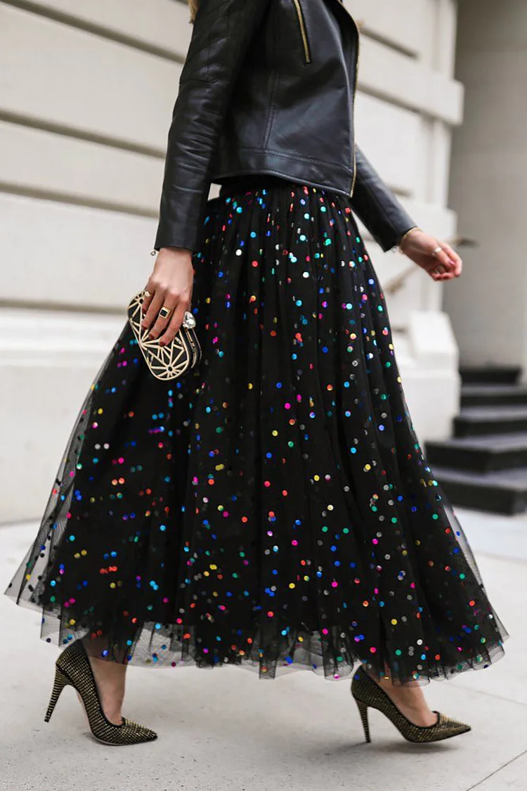 Plus Size Party Skirt Black Sequin Mesh Tulle Skirt