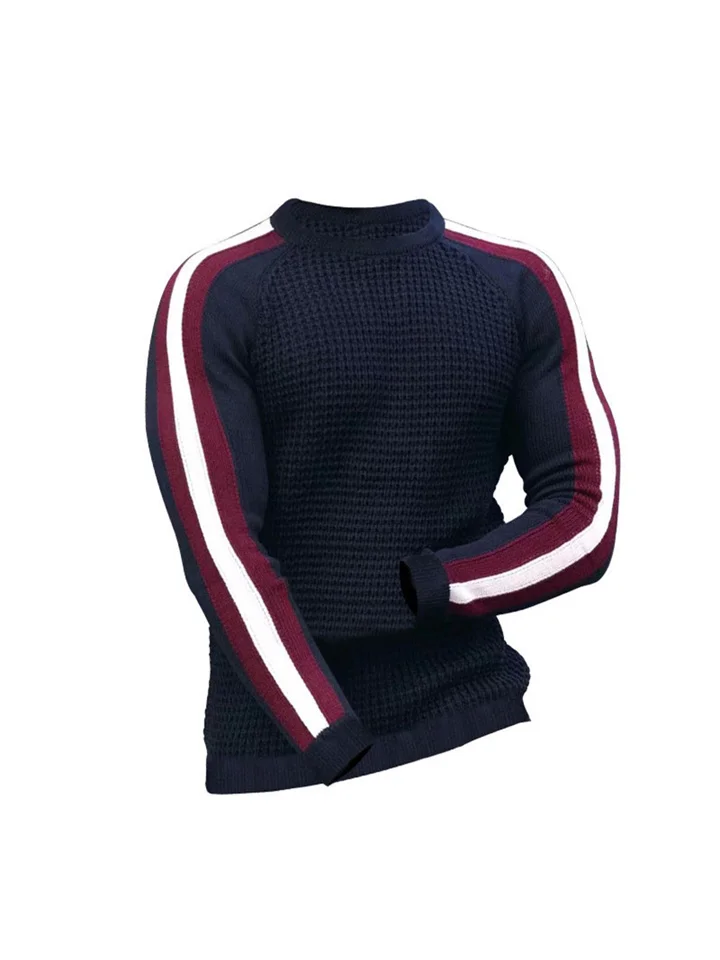 Athletic Casual Waffle Long-sleeved Round Neck Pullover Men's Collision Color Casual Loose Bottoming Knit Sweater Man