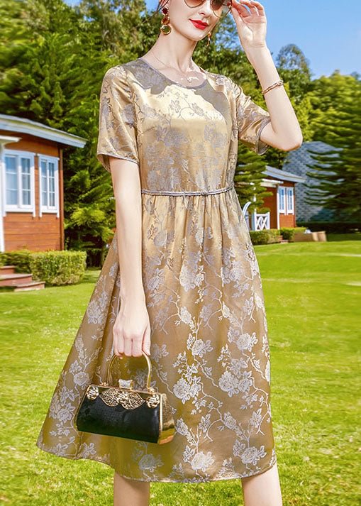 Top Quality Grey Purple O-Neck Jacquard Silk Fitted Dresses Short Sleeve
