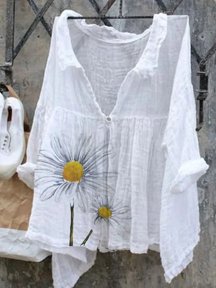 Cotton V-neck long sleeve vintage floral print top socialshop