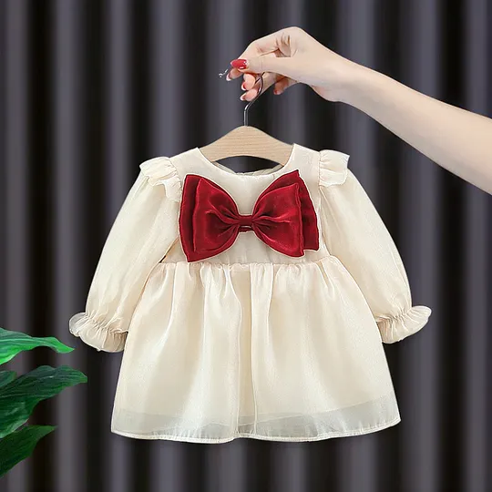 【12M-3Y】Girls Christmas Bow Long Sleeve Cute Dress