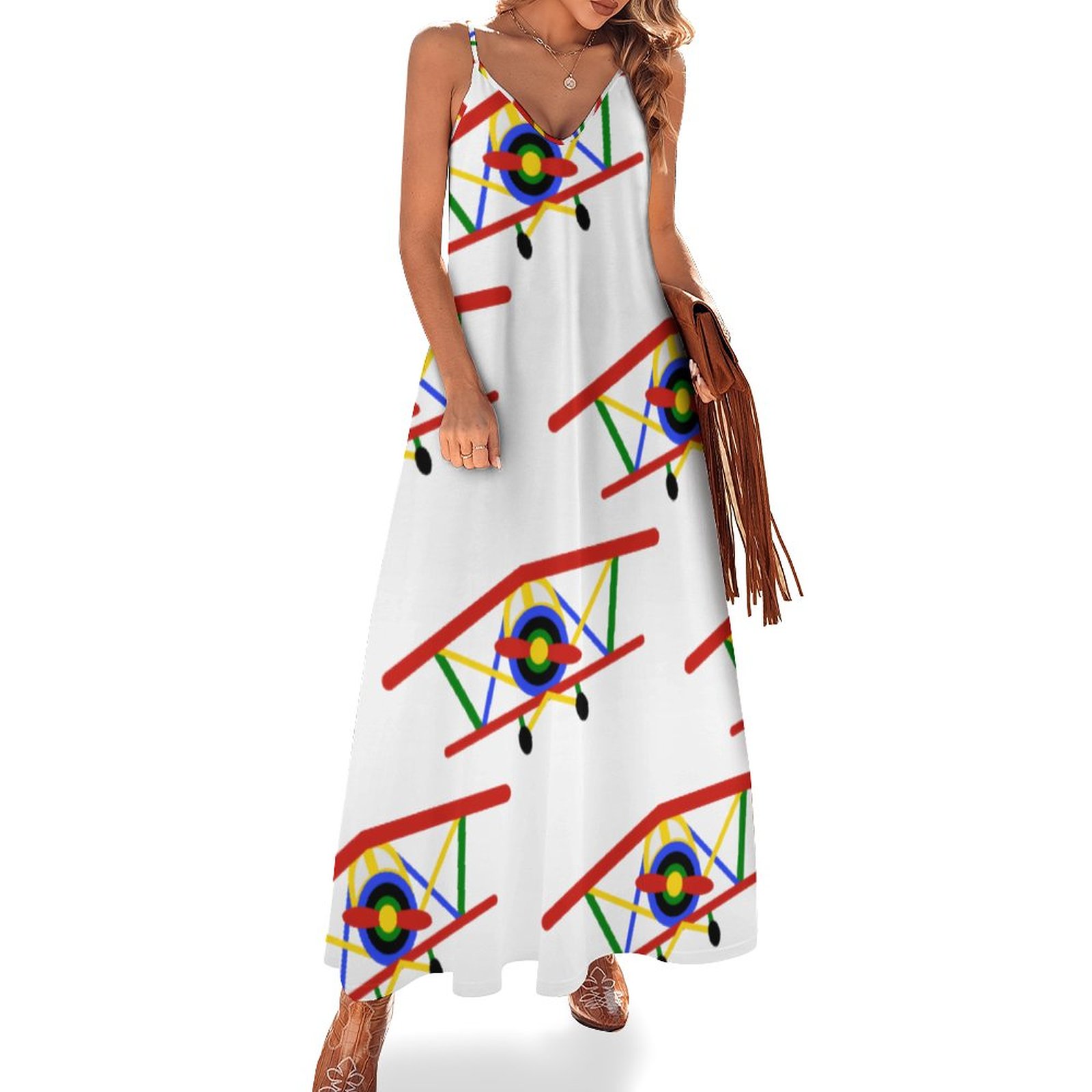 Colorful Airplane Women's Casual Strappy V Neck Sleeveless Flowy Loose Long Maxi Beach Dress Sundress Colorful-2-4XL