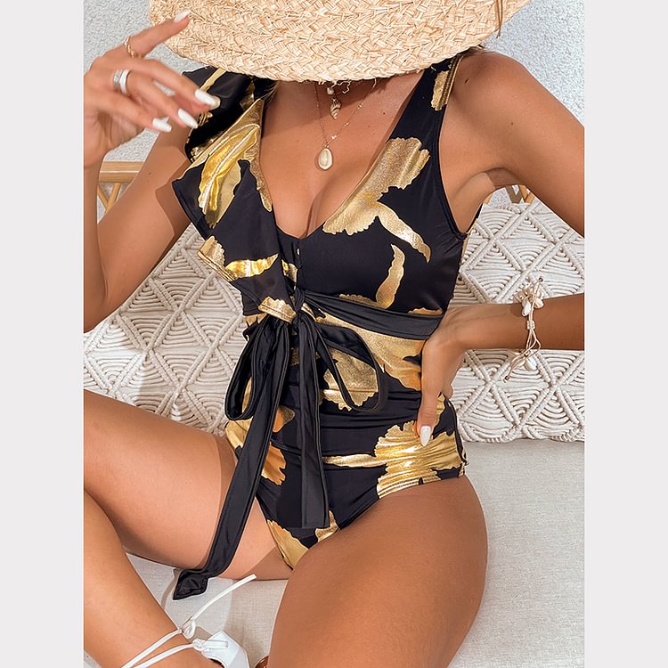 Flaxmaker One Shoulder Ruffle Lace Up Printed One Piece Swimsuit and Skirt