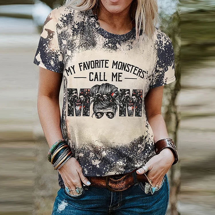 Comstylish Vintage My Favorite Monsters Call Me Mom Print Crew Neck Cozy Vintage T-Shirt
