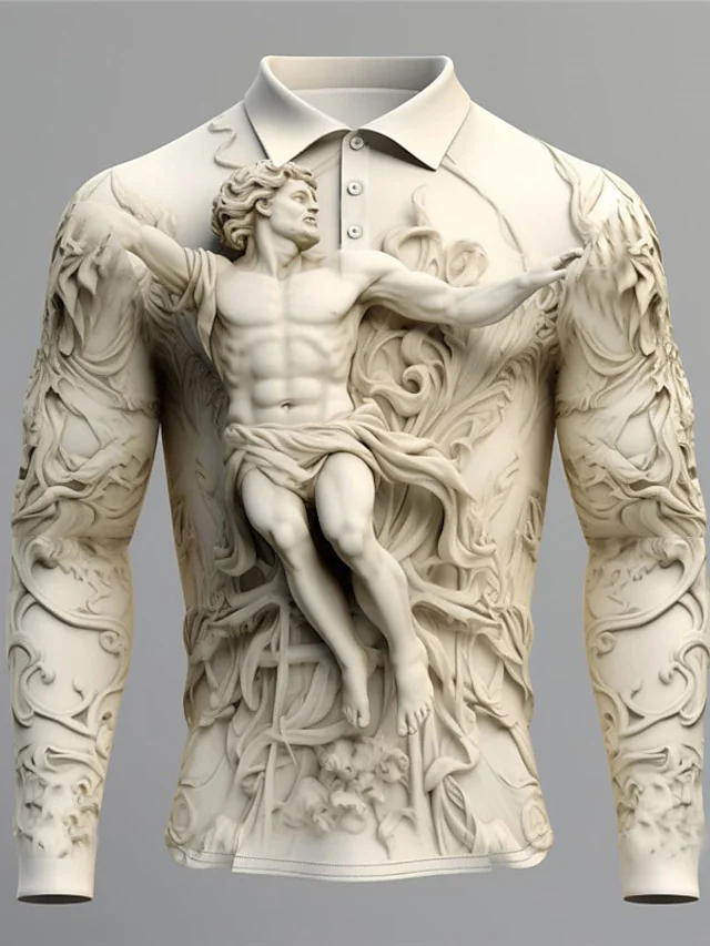 Men's Vintage Jesus Embossed Sculpture Print Long Sleeve Polo Shirt