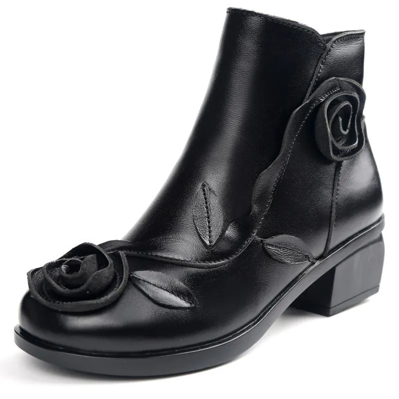 VCSHOES Soft Real Leather Hand Made Low Chunky Heel Ankle Boots