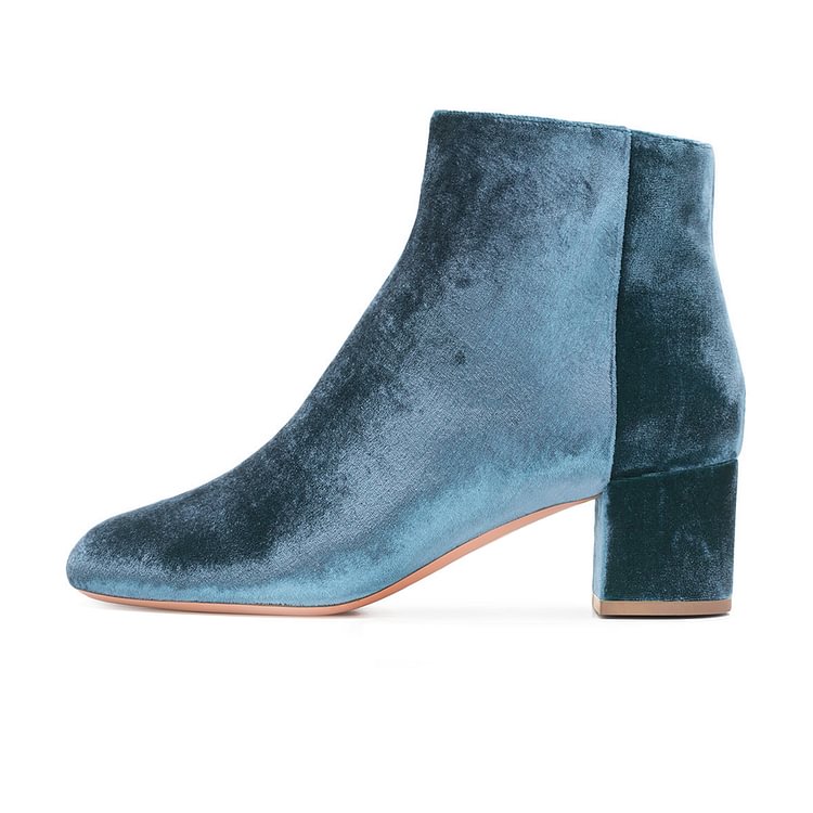 Blue Velvet Short Boots Round Toe Chunky Heel Fashion Ankle Boots |FSJ Shoes