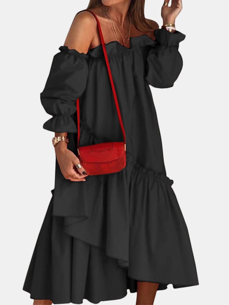 Solid Color Ruffle Pleated Off-shoulder Asymmetrical Casual Dress