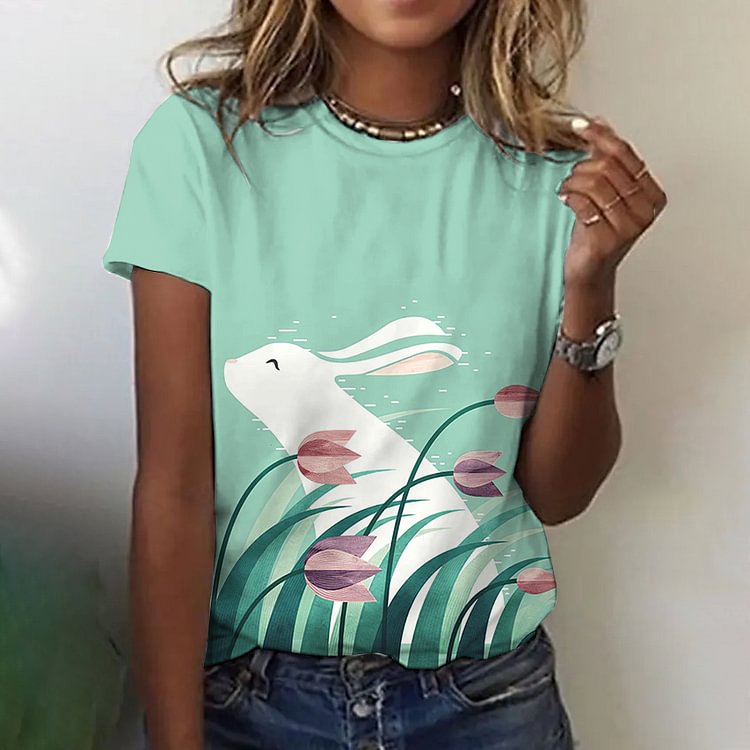 VChics Rabbit Print Round Neck Casual T-Shirt