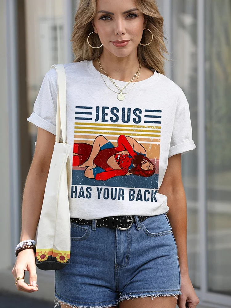 Bestdealfriday Jesus Has Your Back Cotton Blend Short Sleeve Letter Woman's Shirts Tops